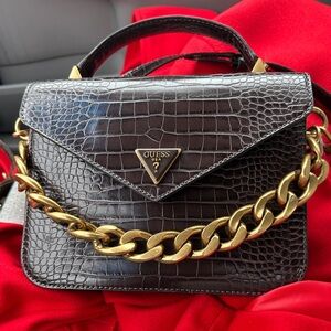 GUESS vintage Black Croc-Embossed Mini Bag with Gold Chain